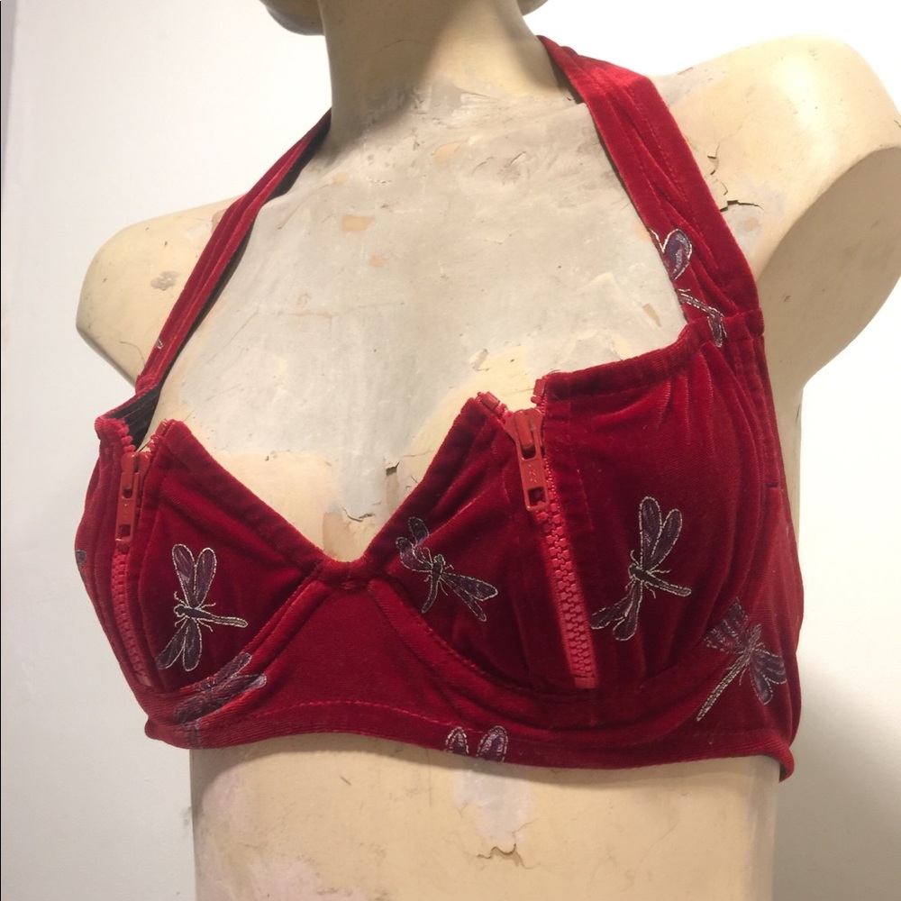 Red velvet zip cup halter bra
